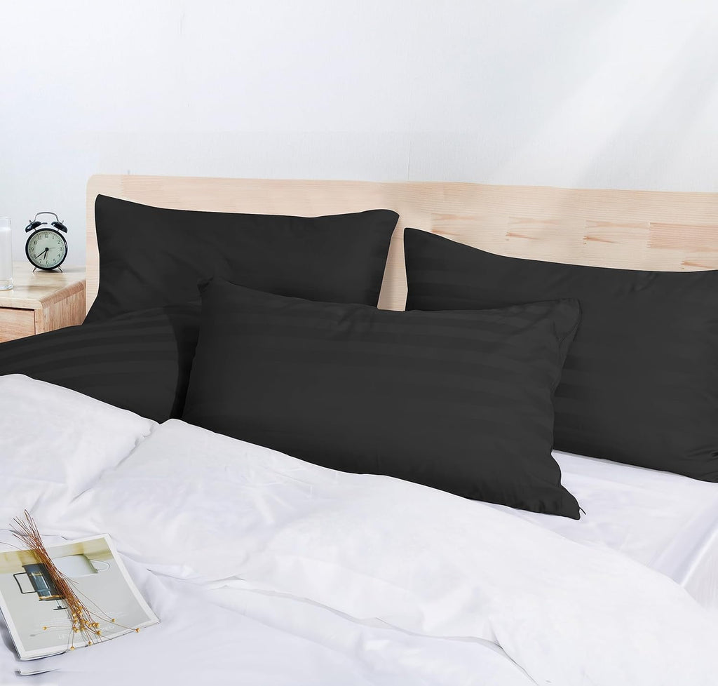 100% Egyptian Cotton Pillow Protectors Set of 2, 600 Thread Count Standard Size Bed Pillow Cases with Zipper, Sateen Weave Cooling Pillow Cases Quiet and Breathable(2PCS, Standard, Black Stripe)