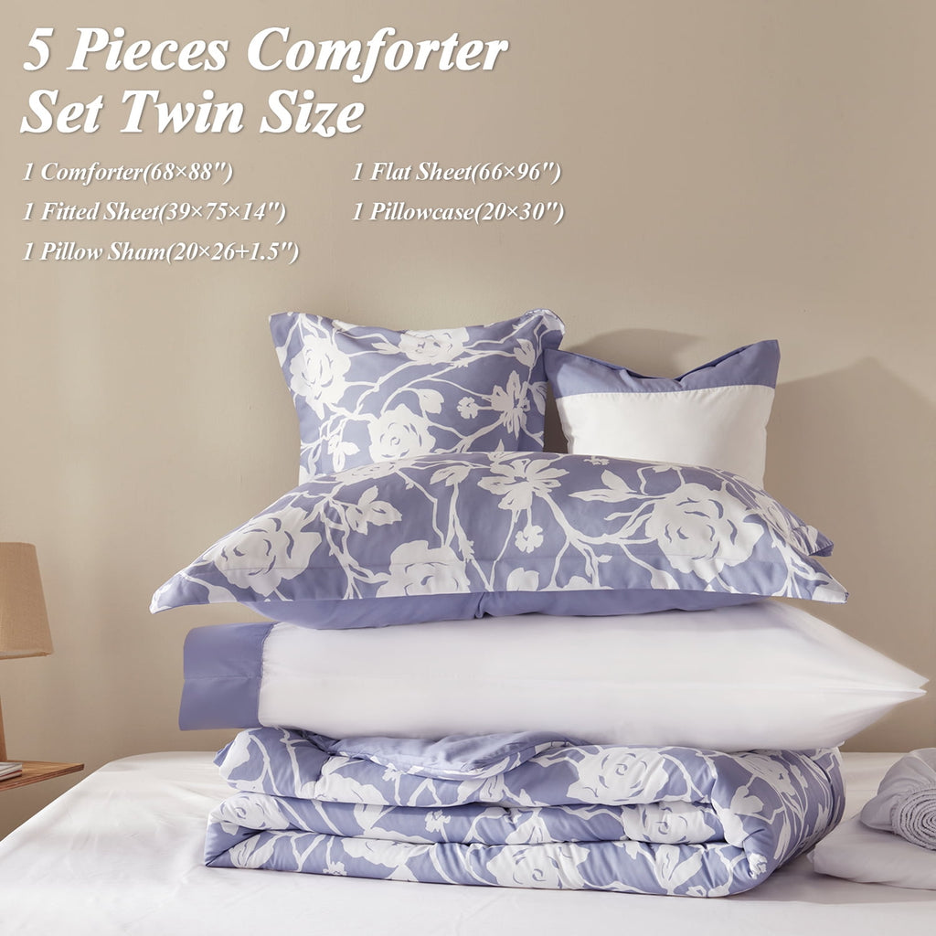 Bedtreat Twin Comforter Sets,5-Pieces Reversible Bedding Sets,Bed in a Bag with Comforter,Flat Sheet and Fitted Sheet,Pillowcase & Sham,Shangri-La,Lavender Icing