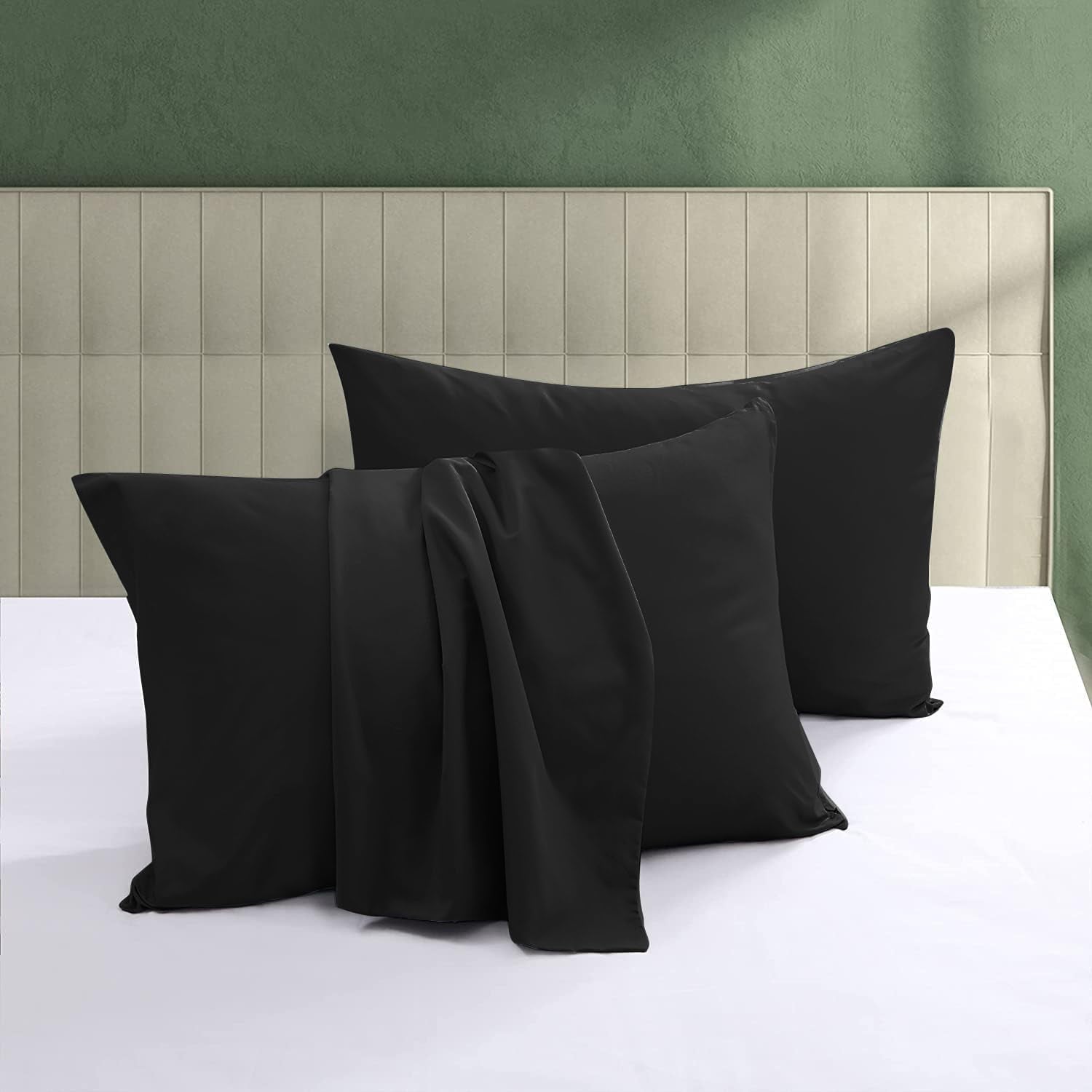 100% Egyptian Cotton Pillow Protectors Set of 2, 600 Thread Count Standard Size Bed Pillow Cases with Zipper, Sateen Weave Cooling Pillow Cases Quiet and Breathable(2PCS, Standard, Black Stripe)