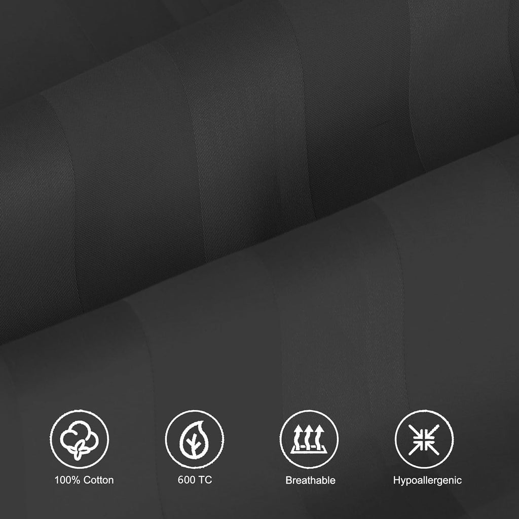 100% Egyptian Cotton Pillow Protectors Set of 2, 600 Thread Count Standard Size Bed Pillow Cases with Zipper, Sateen Weave Cooling Pillow Cases Quiet and Breathable(2PCS, Standard, Black Stripe)