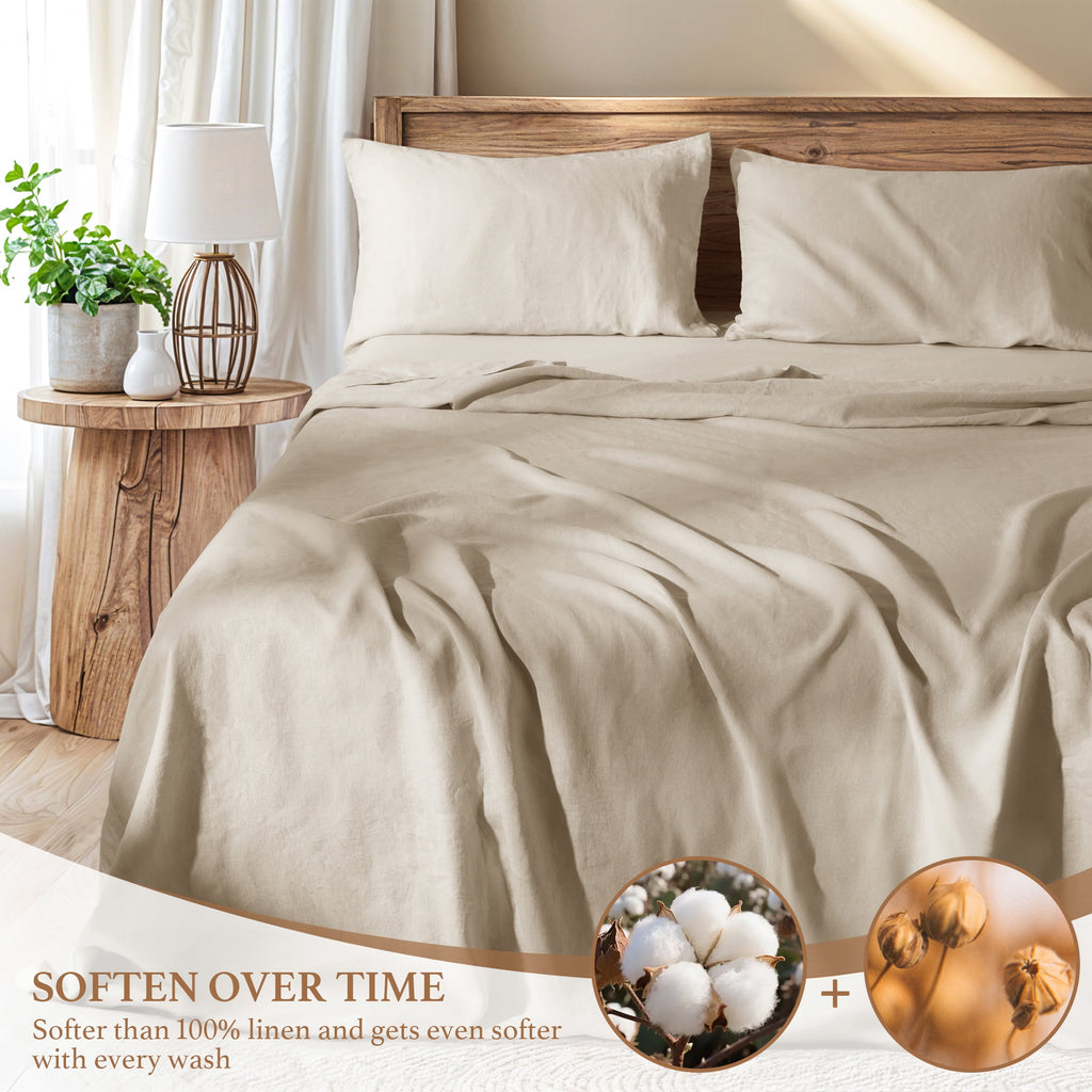 AiAngu Natural Linen Cotton Bed Sheets Set, Deep Pocket - Breathable - Durable - 4 Pieces (Linen, Queen)