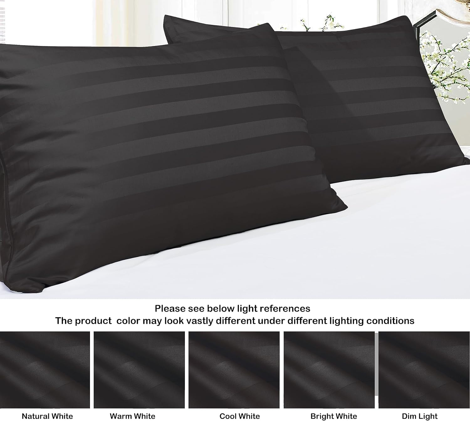 100% Egyptian Cotton Pillow Protectors Set of 2, 600 Thread Count Standard Size Bed Pillow Cases with Zipper, Sateen Weave Cooling Pillow Cases Quiet and Breathable(2PCS, Standard, Black Stripe)