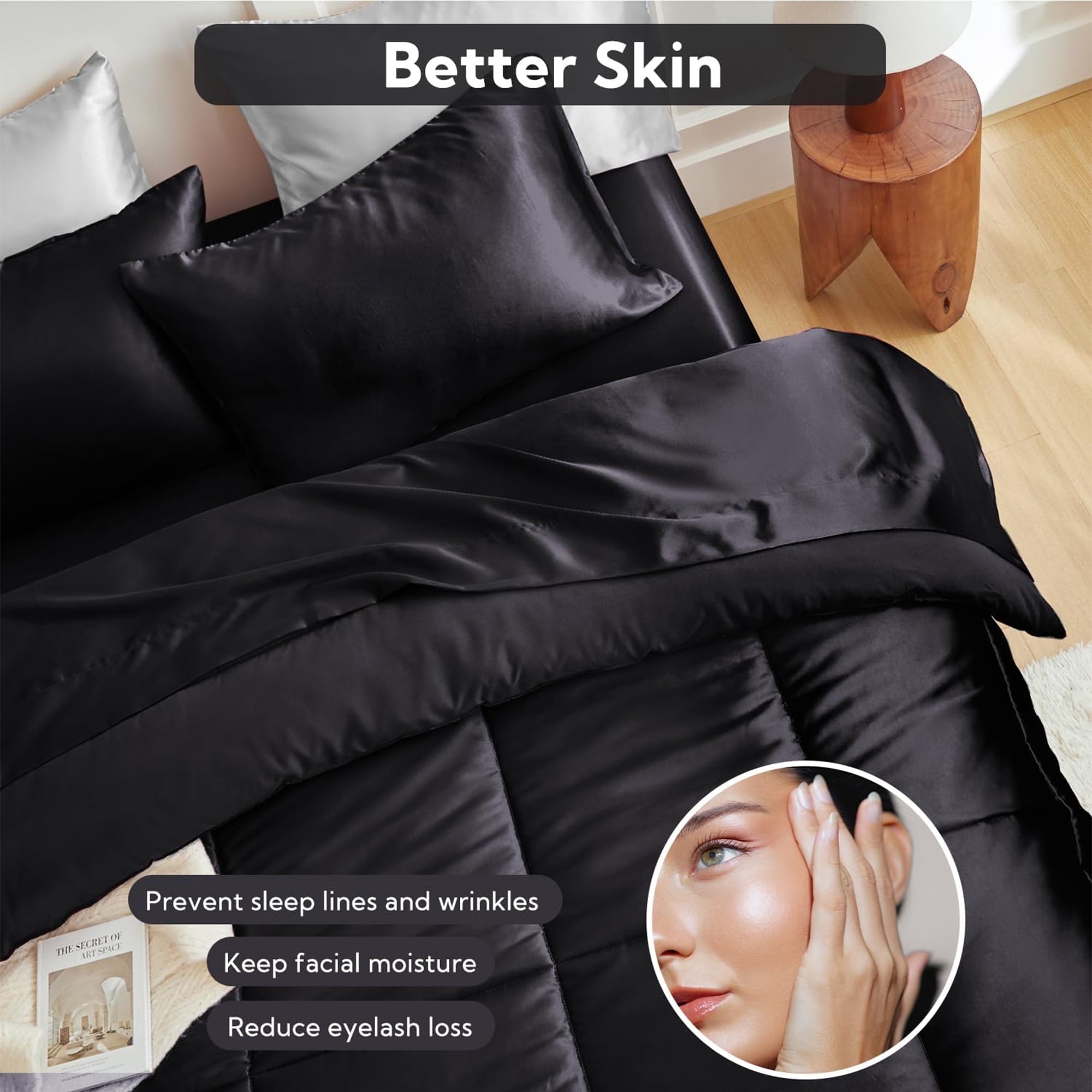 MR&HM Reversible Satin Microfiber Comforter 3 Pieces Queen Size, Black Queen Comforter Set for All Seasons, Silky Soft Satin Comforter for Hair and Skin, with Satin Pillowcases Set of 2