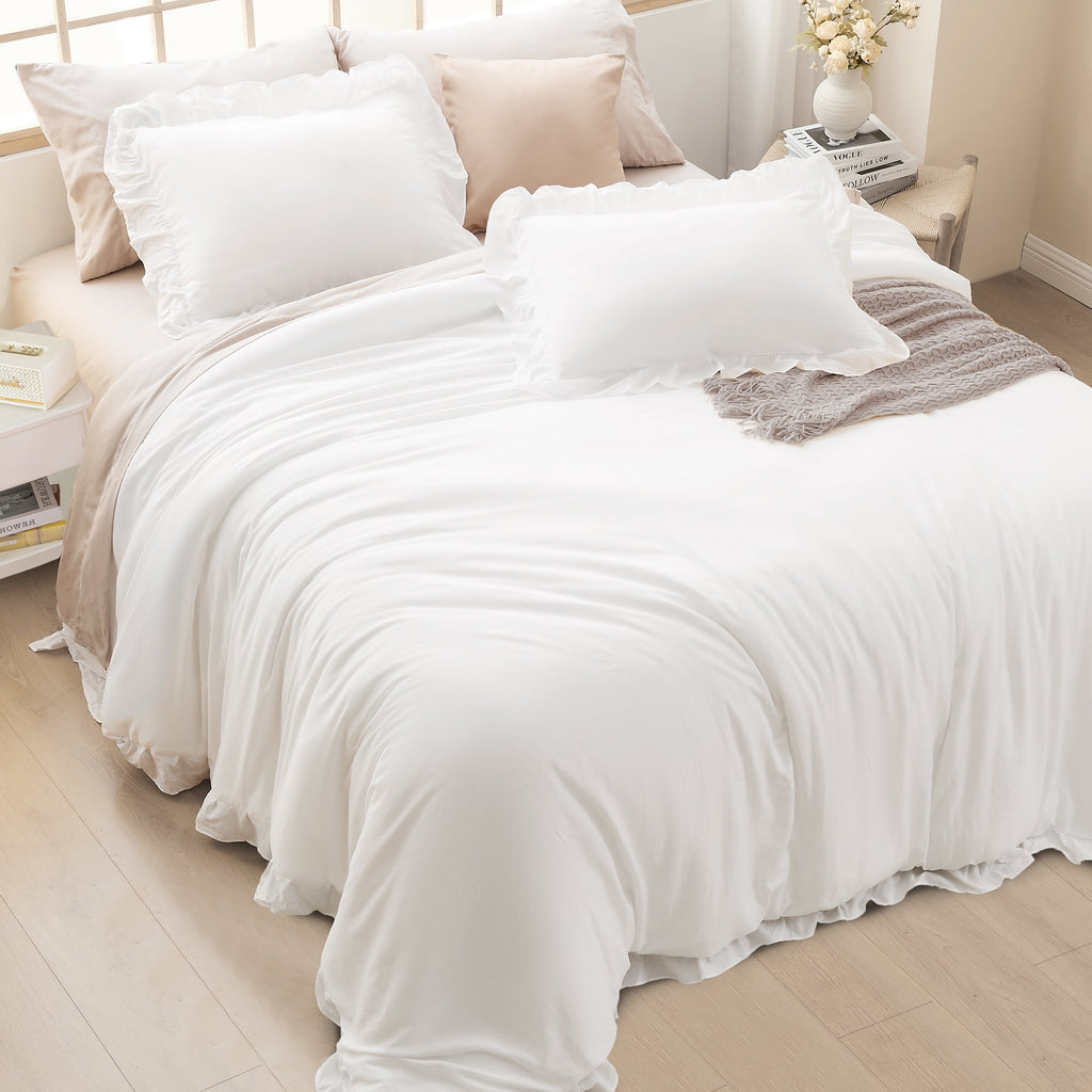 ANGENIA Queen Comforter Set White, 3 Pieces Soft Fluffy Farmhouse Ruffle Bedding Comforter Sets for Queen Bed, All Season Lightweight Down Alternative Bed Set(90"x90" Comforter & 2 Pillowcases)