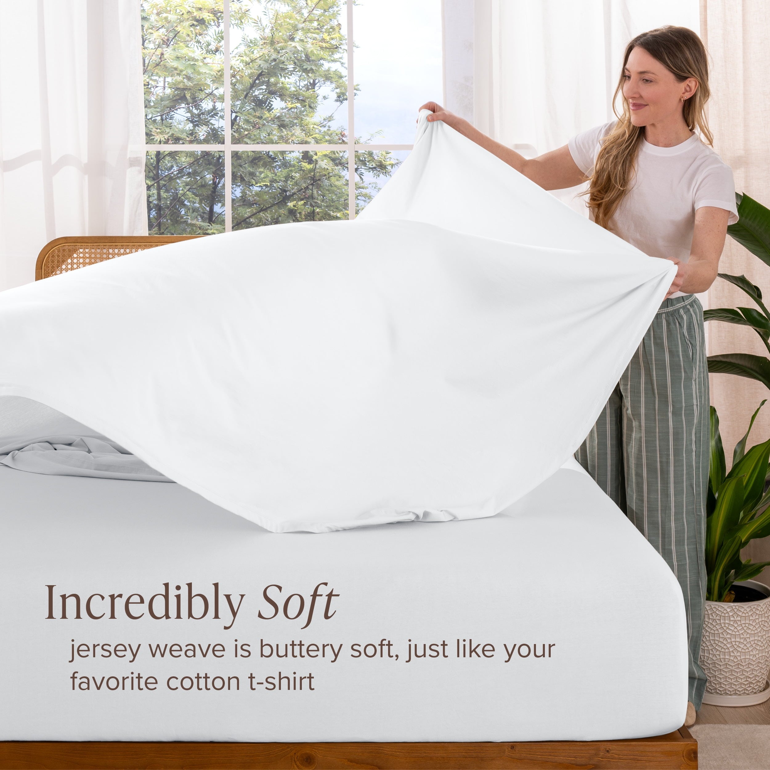 Bare Home Organic Jersey Sheet Set - 100% Organic Cotton - Deep Pocket - 4 Piece - Queen, White