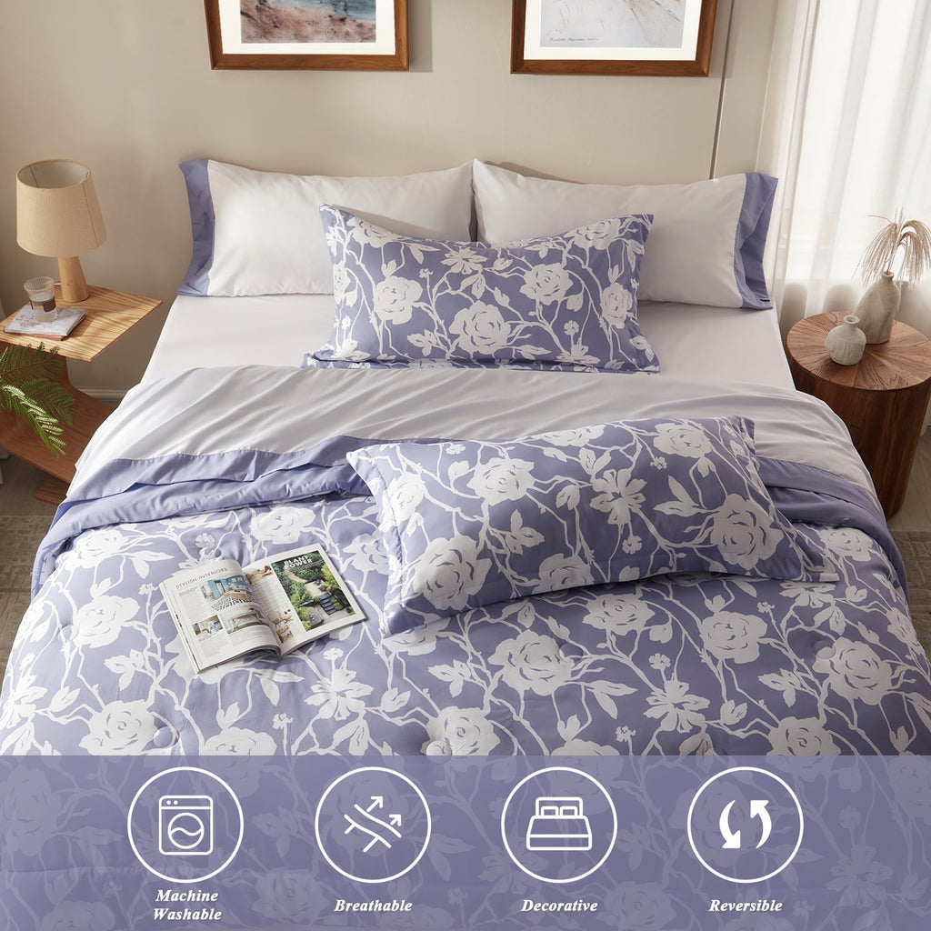Bedtreat Twin Comforter Sets,5-Pieces Reversible Bedding Sets,Bed in a Bag with Comforter,Flat Sheet and Fitted Sheet,Pillowcase & Sham,Shangri-La,Lavender Icing