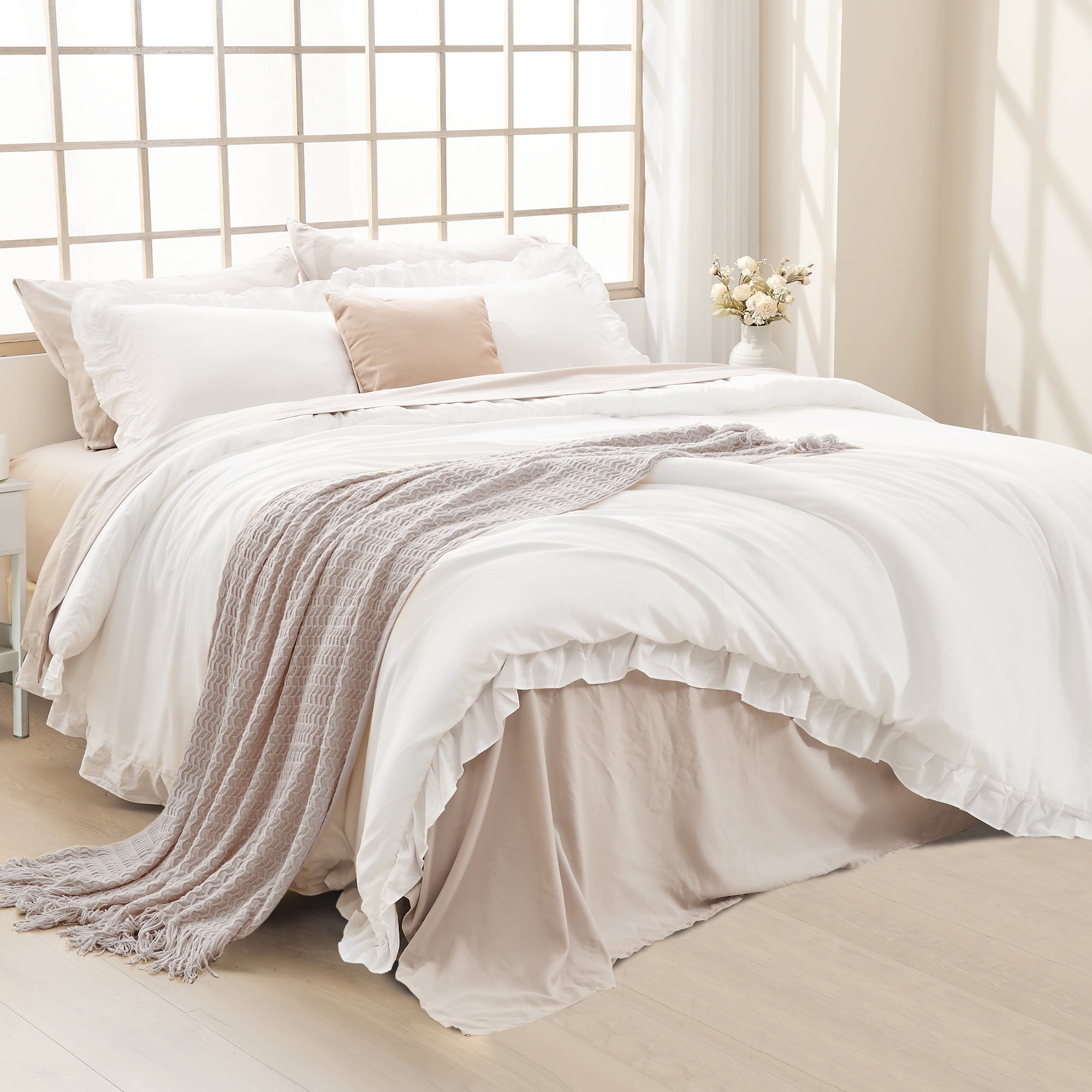 ANGENIA Queen Comforter Set White, 3 Pieces Soft Fluffy Farmhouse Ruffle Bedding Comforter Sets for Queen Bed, All Season Lightweight Down Alternative Bed Set(90"x90" Comforter & 2 Pillowcases)