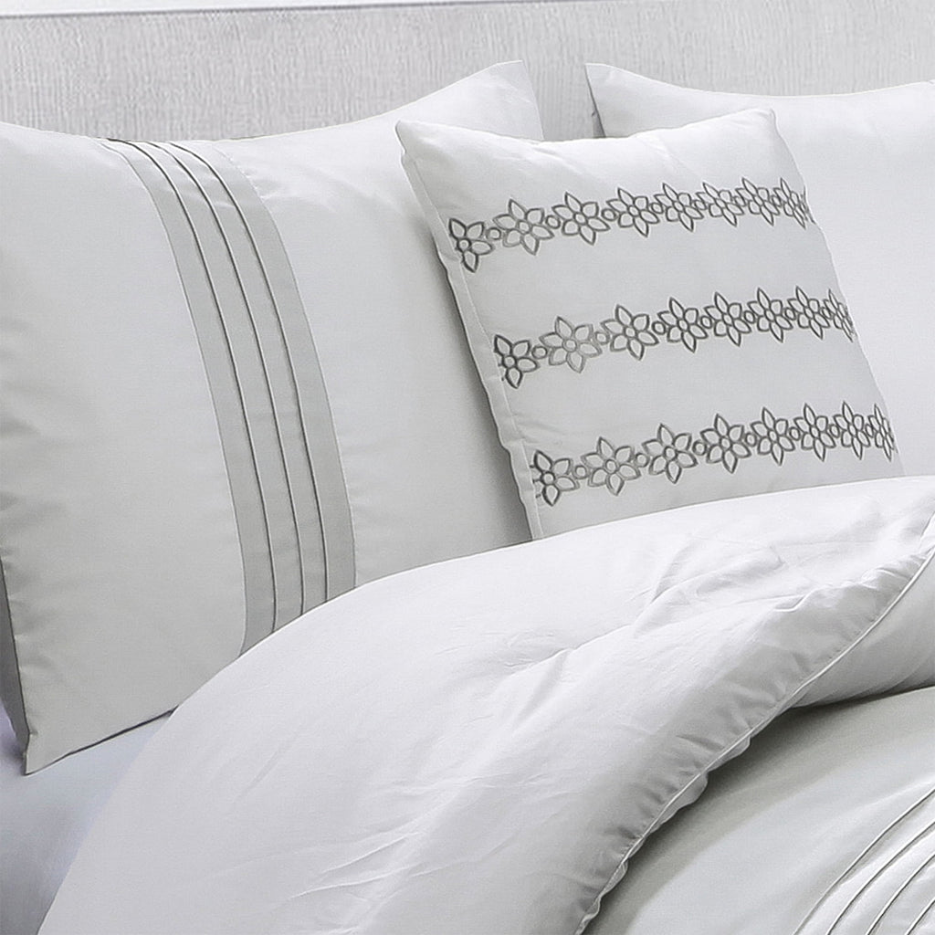 HIG 7 Piece Embroidery White Bed in a Bag, Modern and Stylish Comforter Set, Queen for Adults