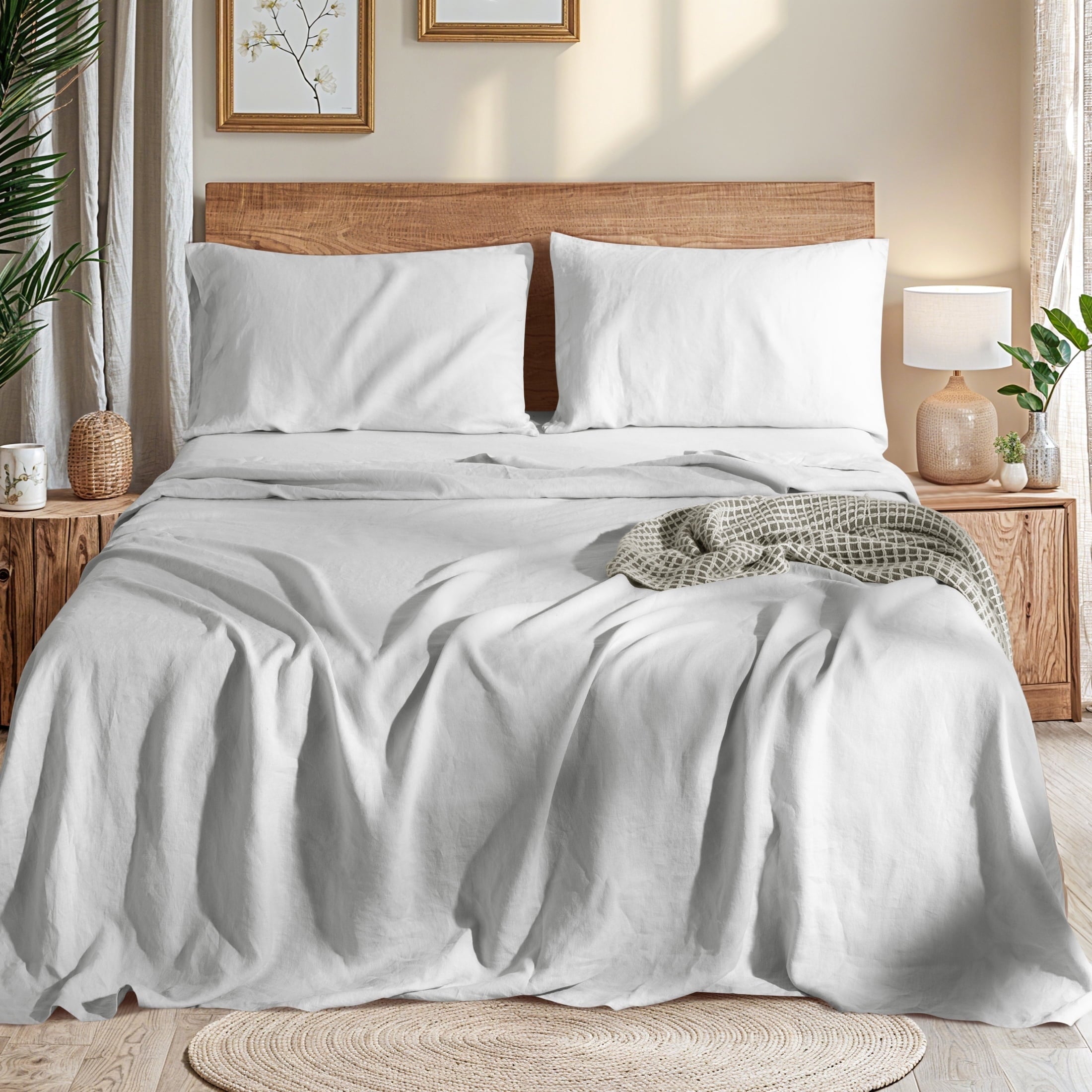 AiAngu Natural Linen Cotton Bed Sheets Set, Deep Pocket - Breathable - Durable - 4 Pieces (Linen, Queen)