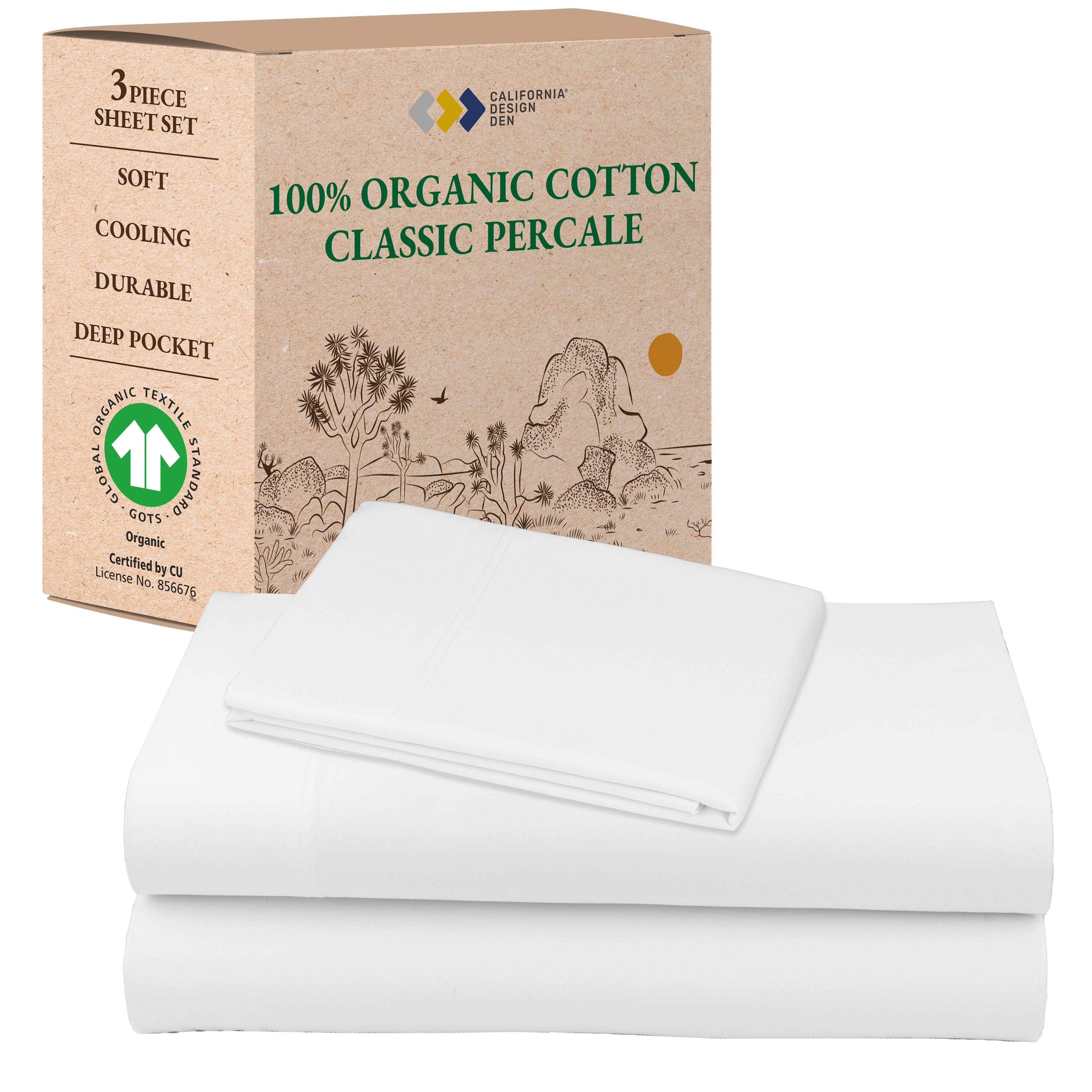 California Design Den Queen Sheets, 100% Organic Cotton Sheets - Percale Sheets - Soft, Crisp Sheets, Deep Pockets, 4 Piece Bed Sheet Set, Bright White