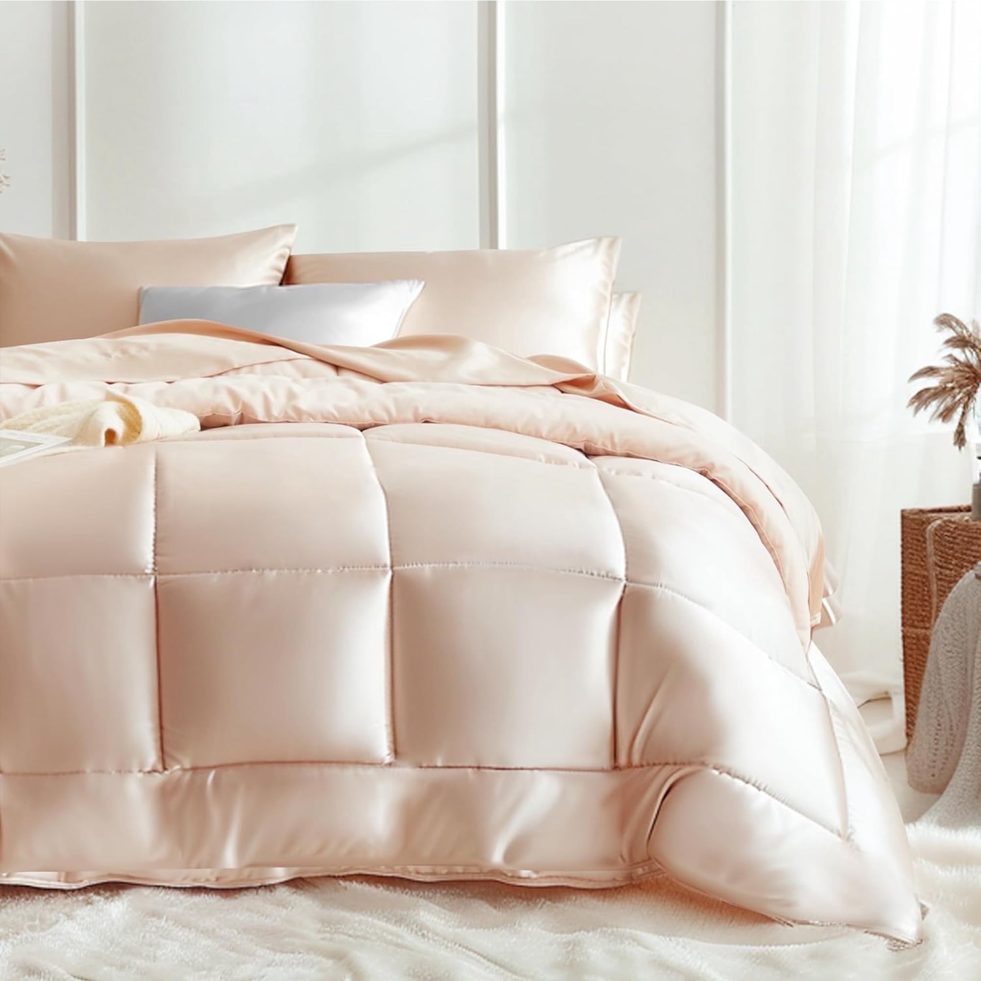 MR&HM Reversible Satin Microfiber Comforter 3 Pieces Queen Size, Black Queen Comforter Set for All Seasons, Silky Soft Satin Comforter for Hair and Skin, with Satin Pillowcases Set of 2