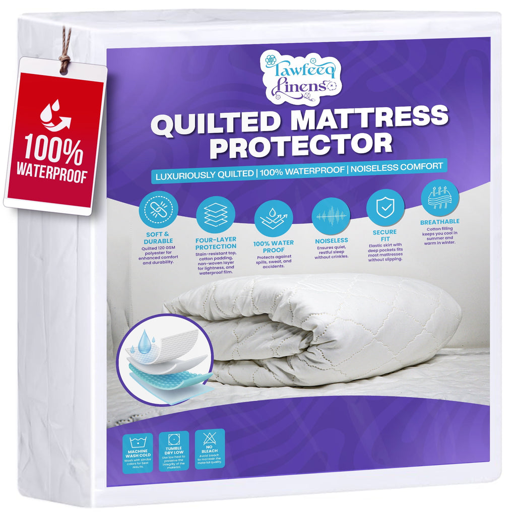 Tawfeeq Linens Waterproof Mattress Protector - Queen - Quilted, Breathable & Noiseless with Deep Pocket Elastic Skirt