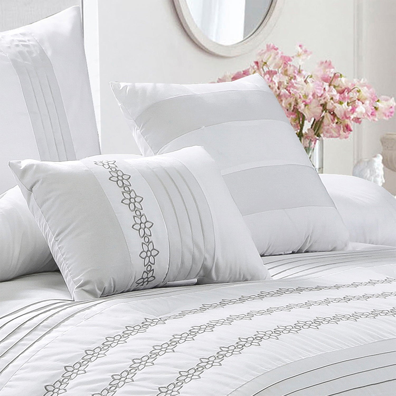 HIG 7 Piece Embroidery White Bed in a Bag, Modern and Stylish Comforter Set, Queen for Adults