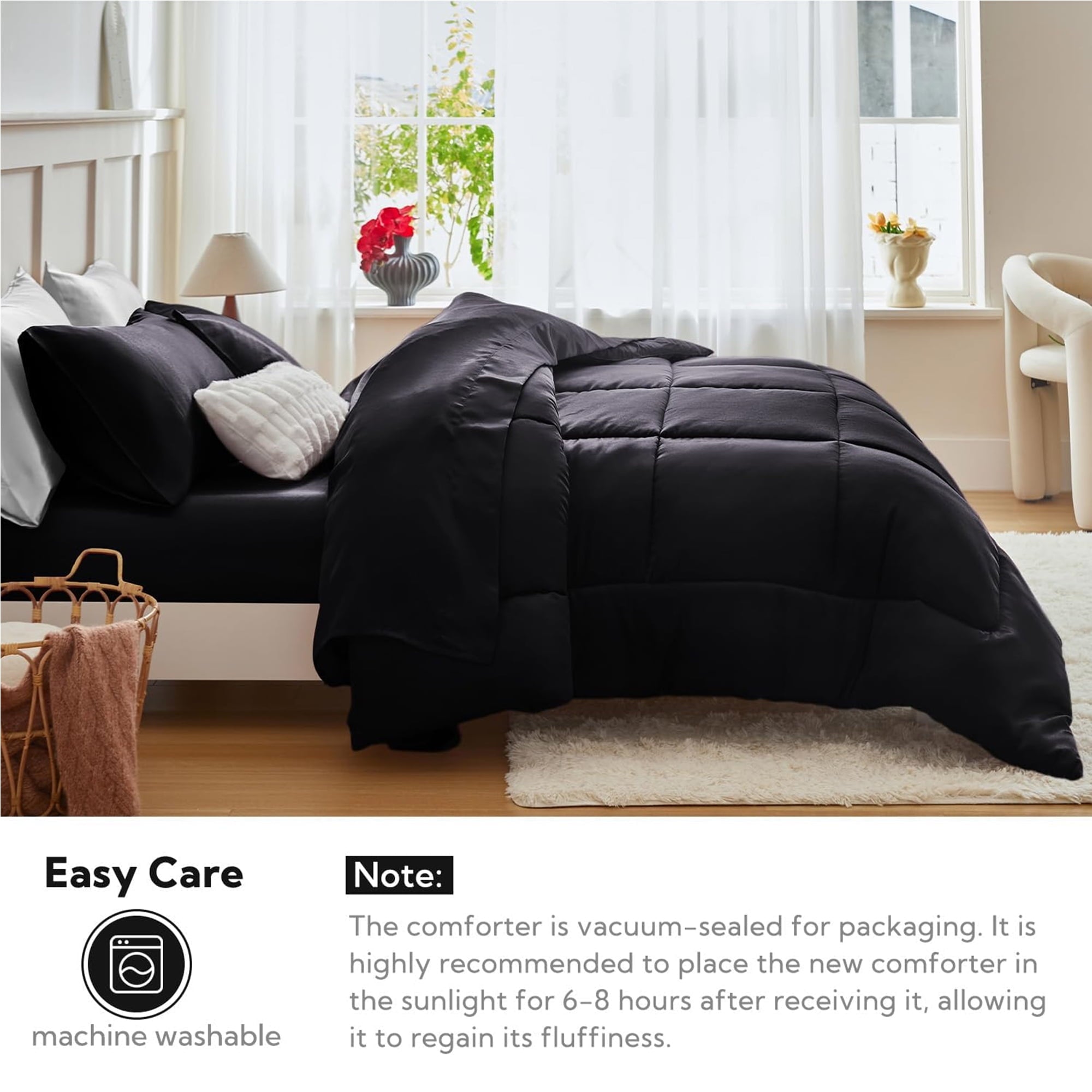 MR&HM Reversible Satin Microfiber Comforter 3 Pieces Queen Size, Black Queen Comforter Set for All Seasons, Silky Soft Satin Comforter for Hair and Skin, with Satin Pillowcases Set of 2